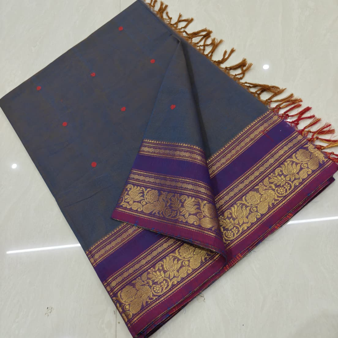 Maroon Handloom Kanchi  with Teal Blue Zari Border Cotton Saree